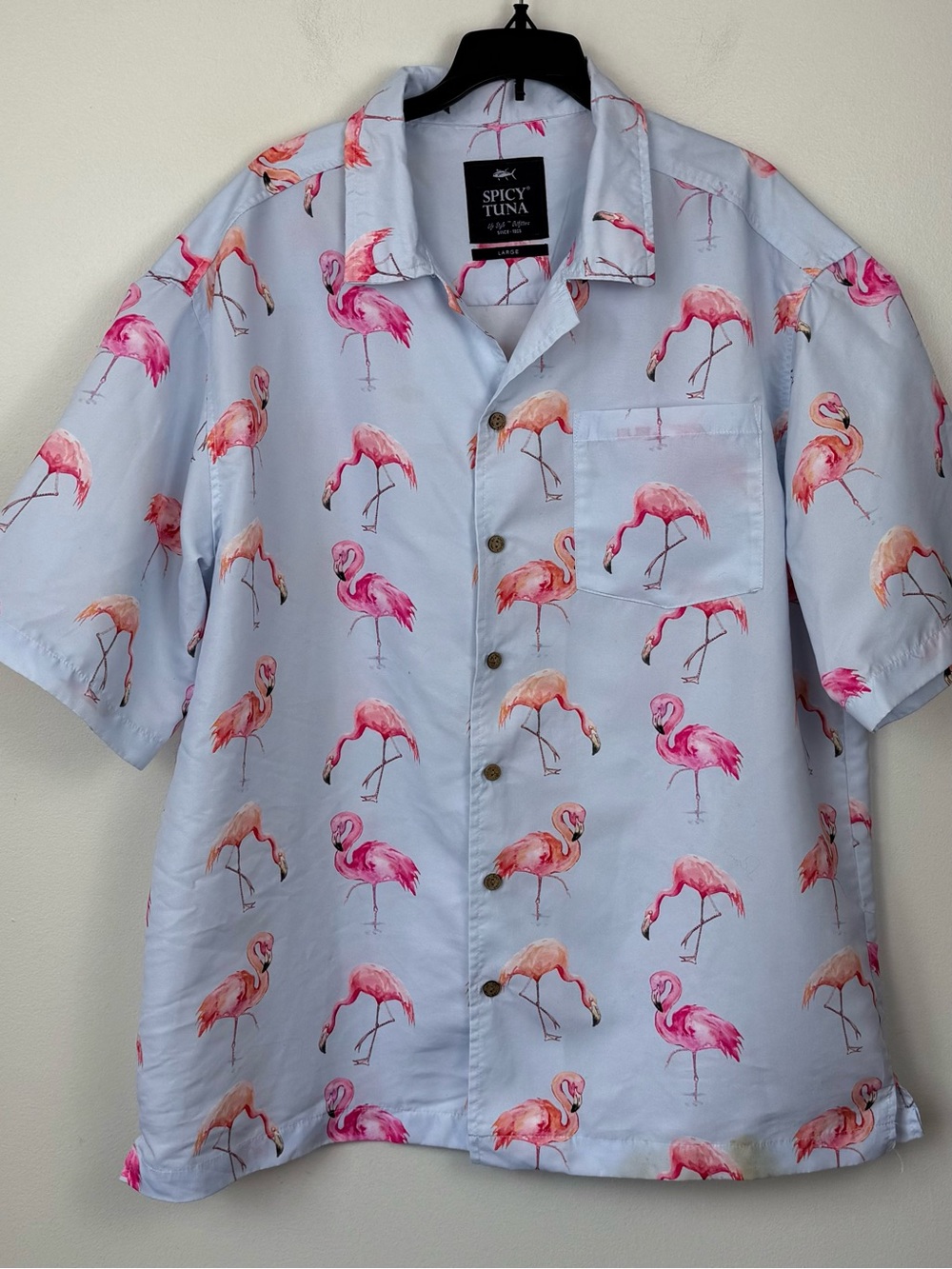 Spicy Tuna Men’s Light Blue Flamingo Print Short Sleeve Lightweight Shirt Large